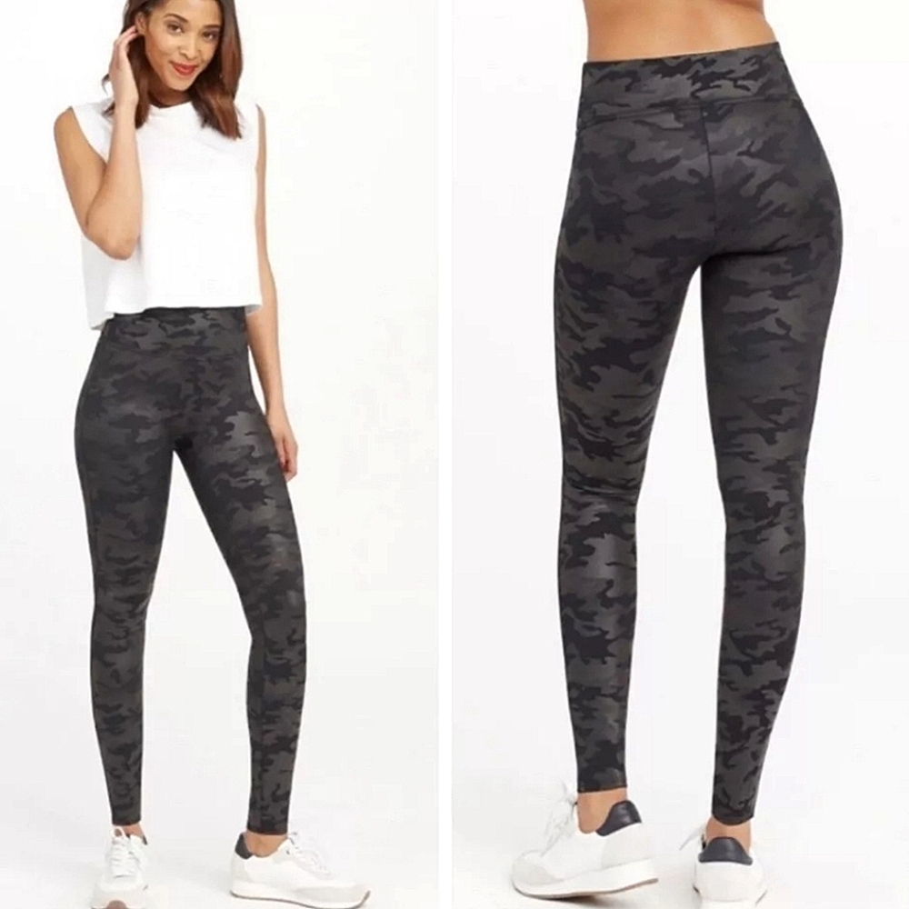 SPANX Black Camo Faux Leather High Waisted Leggings Size Small